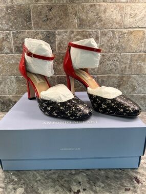 ANTONIO MELANI Red Patent and Black Snake-Print Ankle-Strap Heels